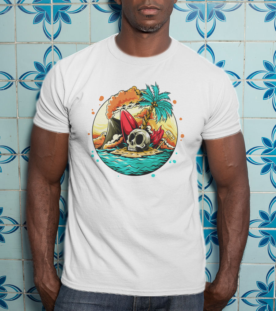 Summer Skull Island Paradise With Palm And Volcano T-Shirt