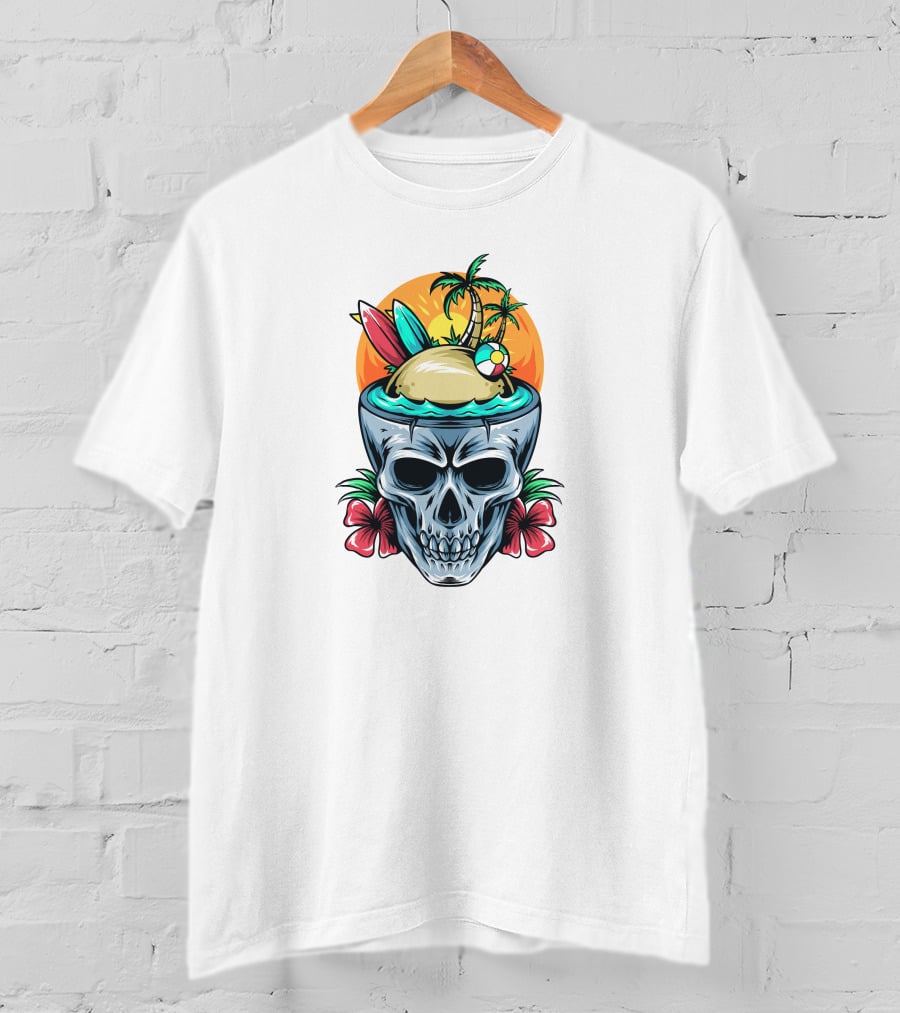 Summer Skull With Surfboards And Tropical Island T-Shirt