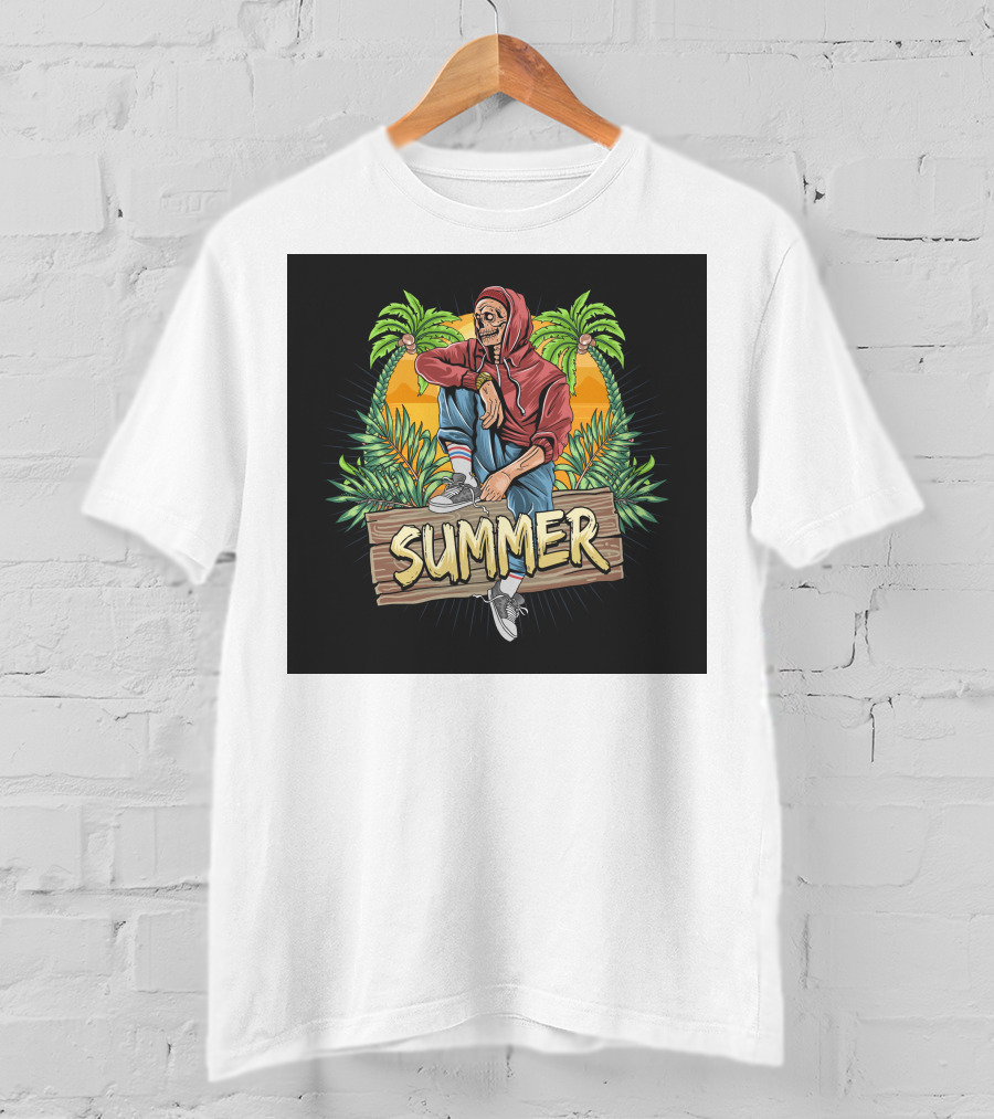 Skull Zombie Summer Tropical Vibes With Palm Trees And Sunset T-Shirt