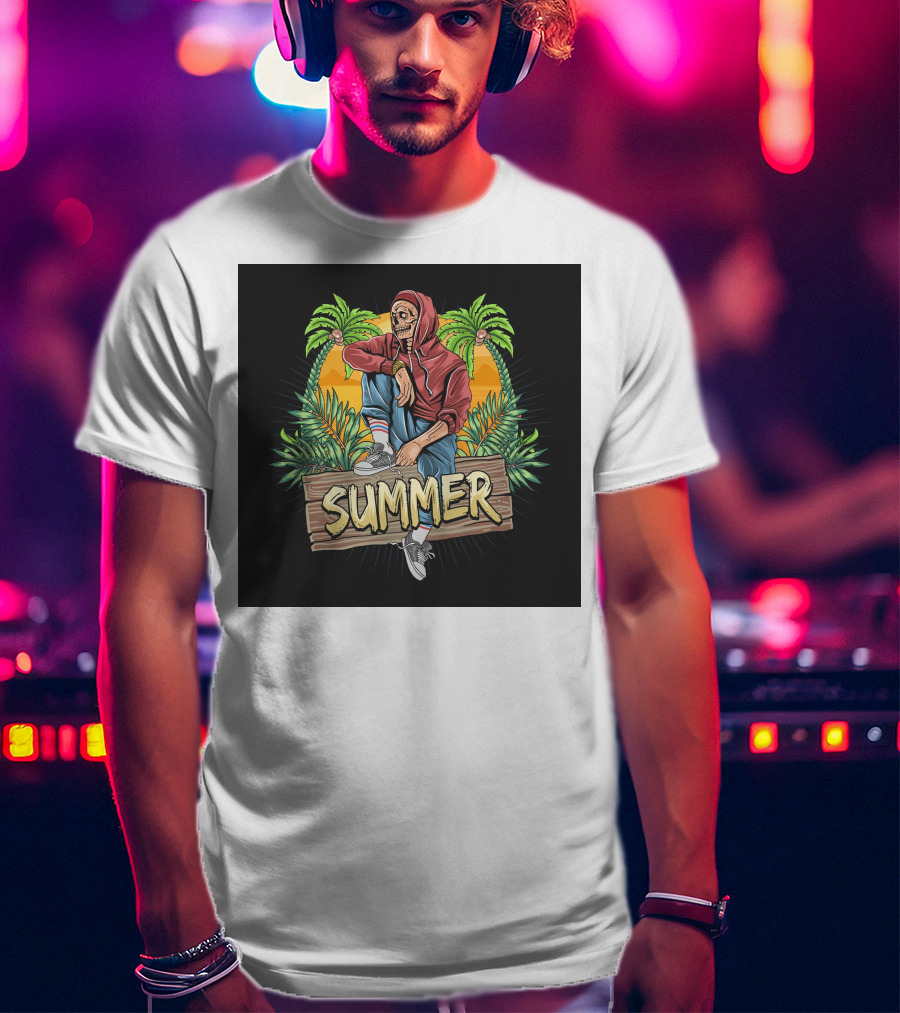 Skull Zombie Summer Tropical Vibes With Palm Trees And Sunset T-Shirt