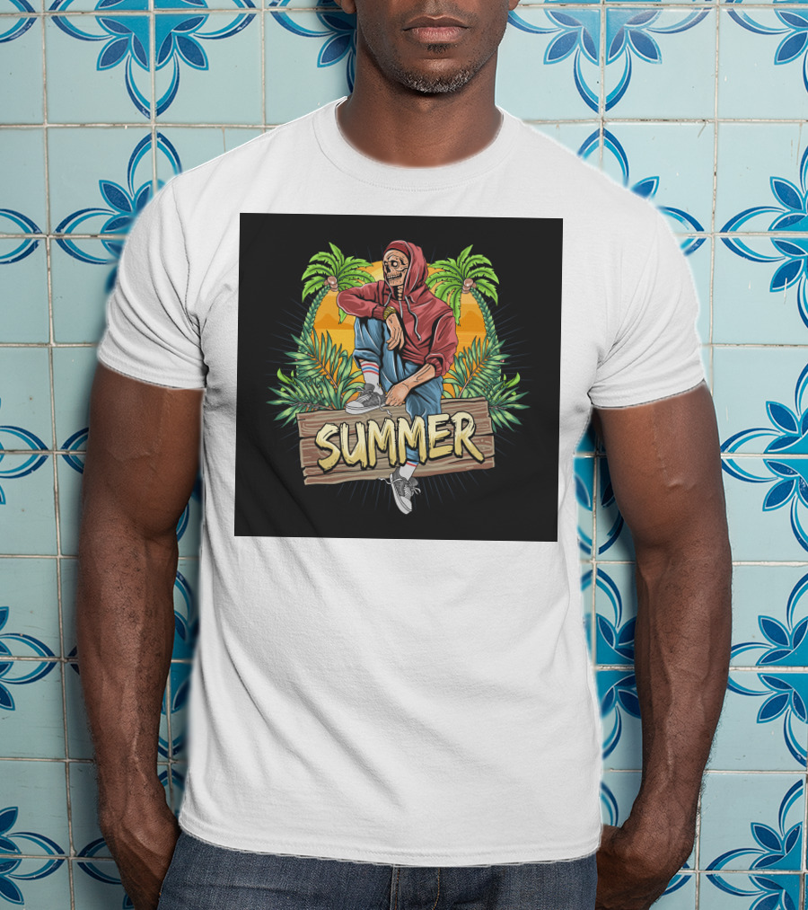 Skull Zombie Summer Tropical Vibes With Palm Trees And Sunset T-Shirt