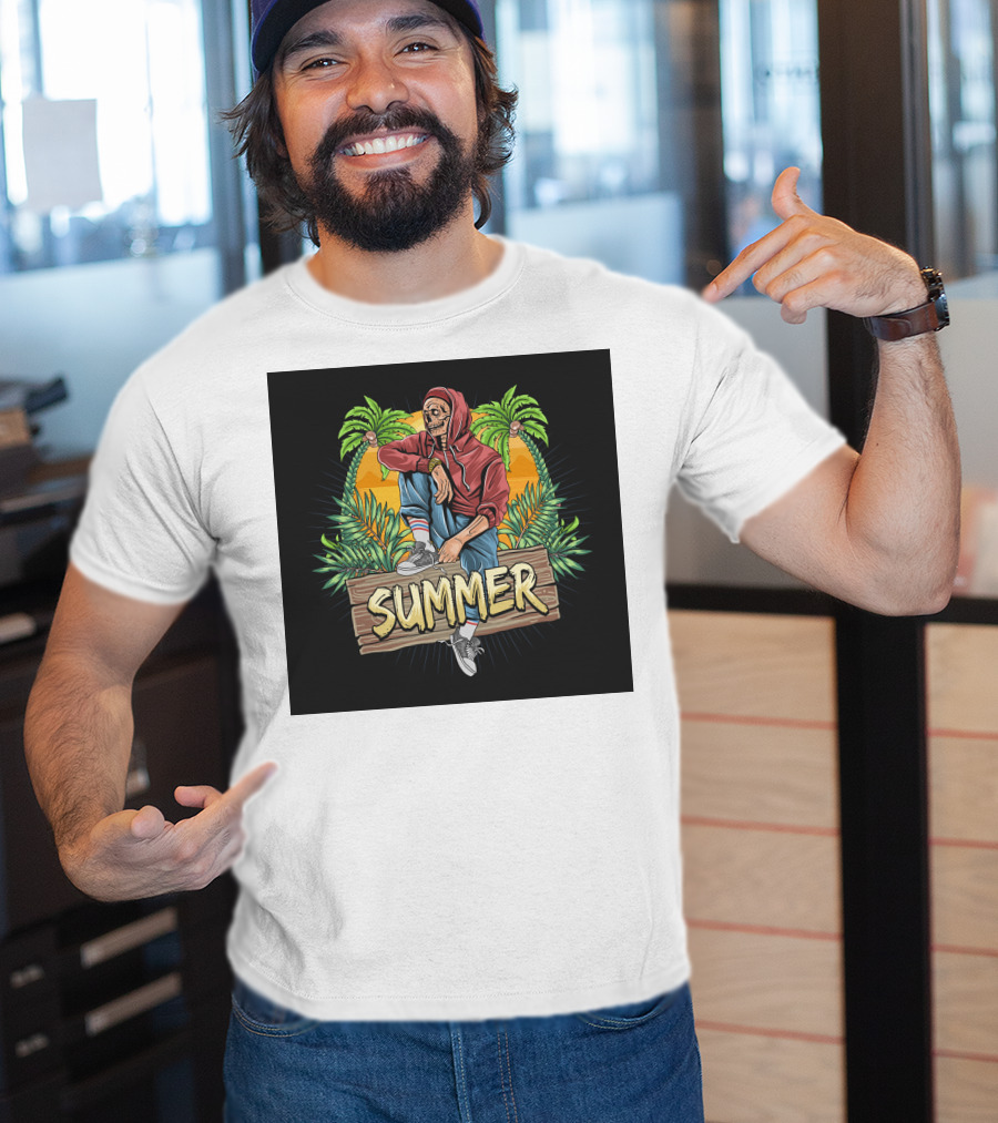 Skull Zombie Summer Tropical Vibes With Palm Trees And Sunset T-Shirt