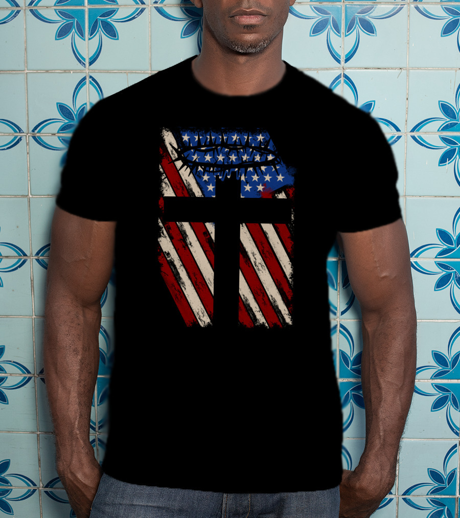 God Protect America American Flag Cross With Crown Of Thorns T-Shirt
