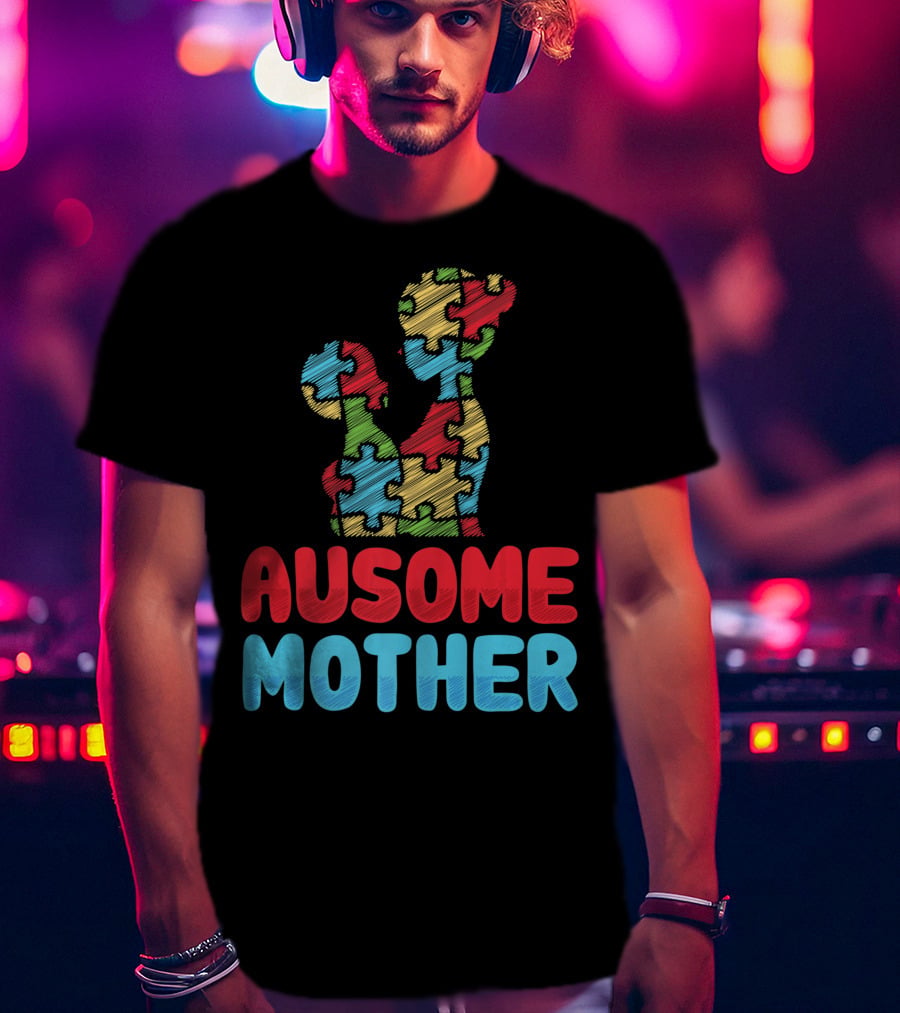 Ausome Mother Colorful Puzzle Piece Autism Awareness T-Shirt