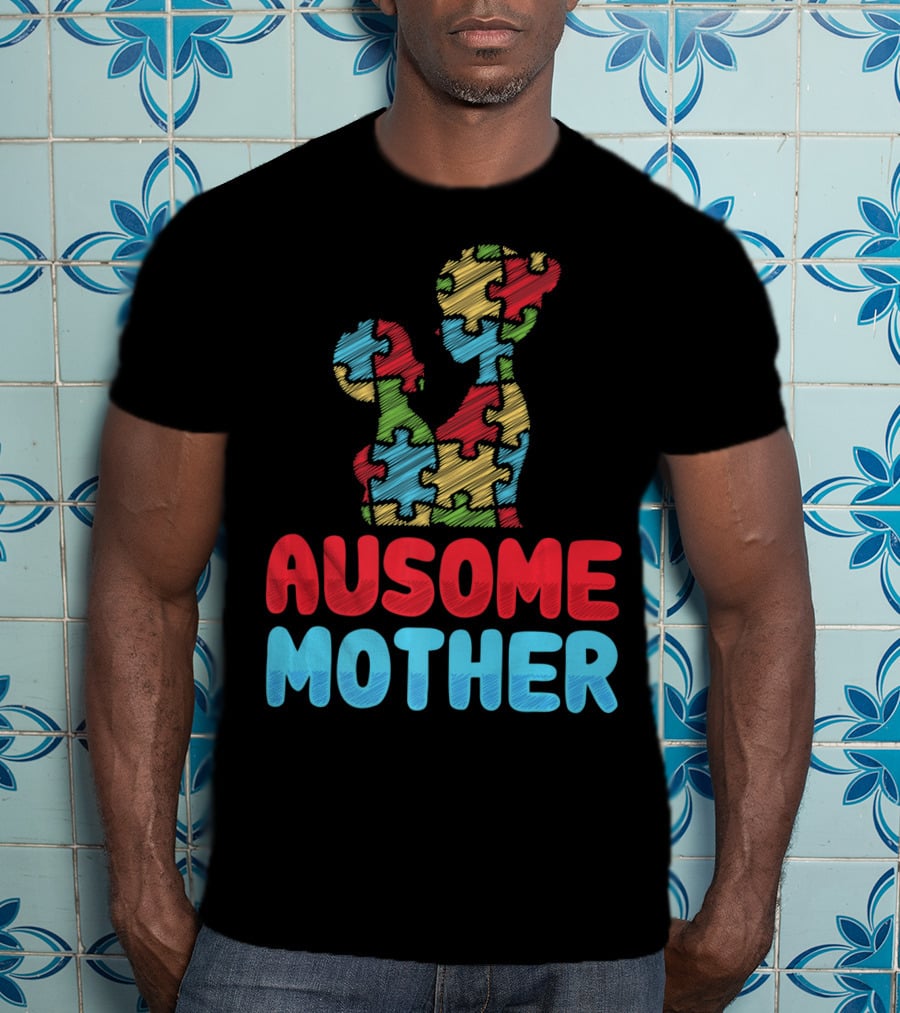 Ausome Mother Colorful Puzzle Piece Autism Awareness T-Shirt