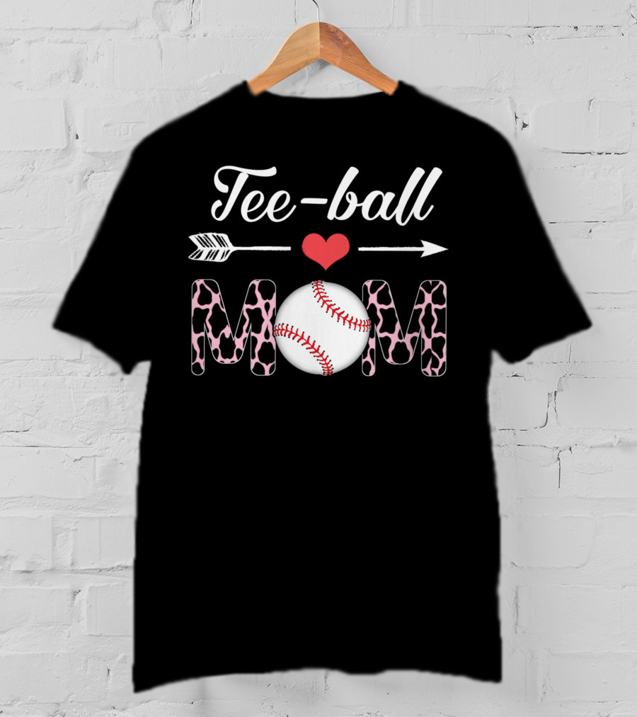 Tee-Ball Mom Heart Arrow Baseball Cow Print T-Shirt