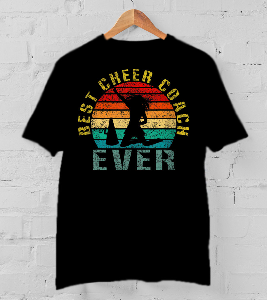 Best Cheer Coach Ever Vintage Silhouette With Megaphone And Sunset Stripes T-Shirt