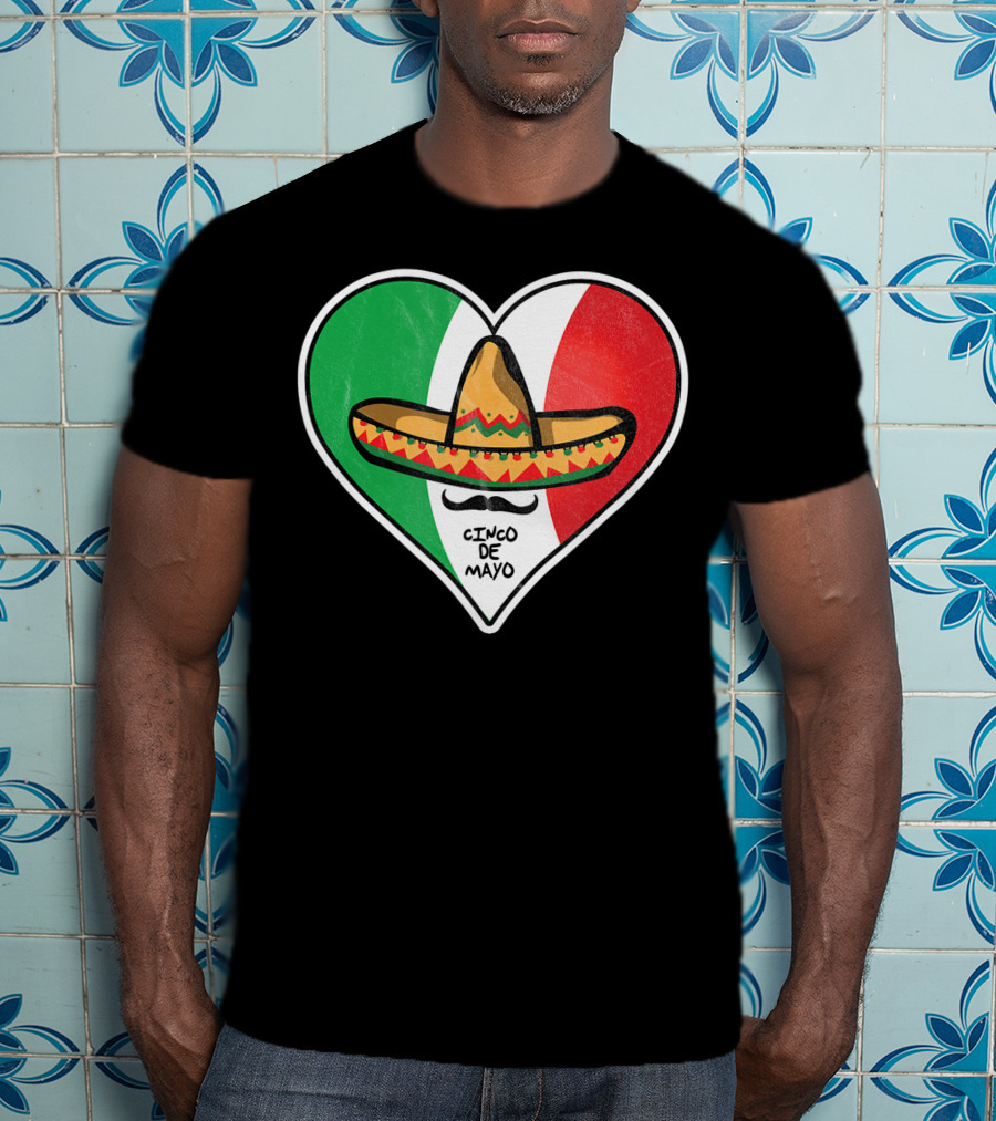 Cinco De Mayo Vintage Sombrero Heart Mexican Flag T-Shirt