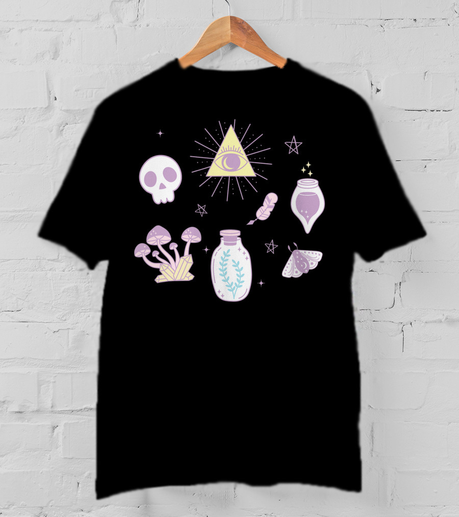 Cute Creepy Pastel Kawaii Goth Witch Aesthetic With Skull Pyramid Mushrooms And Potion Elements T-Shirt