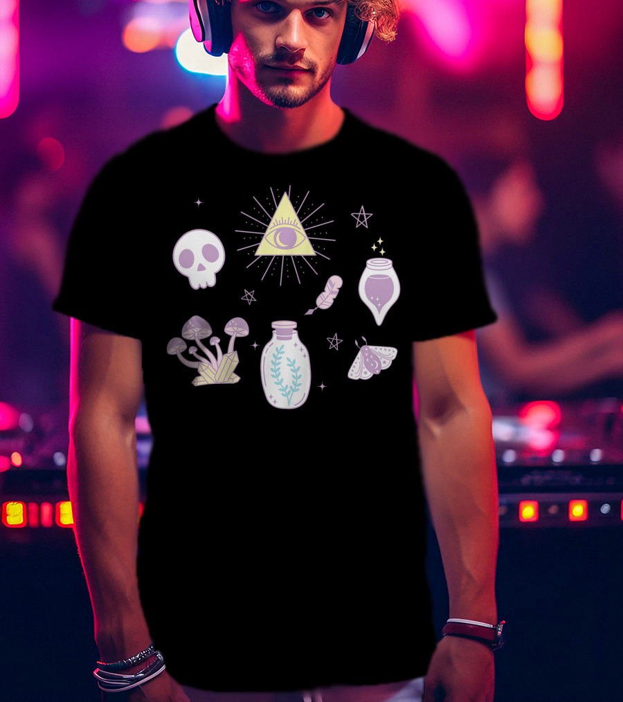 Cute Creepy Pastel Kawaii Goth Witch Aesthetic With Skull Pyramid Mushrooms And Potion Elements T-Shirt
