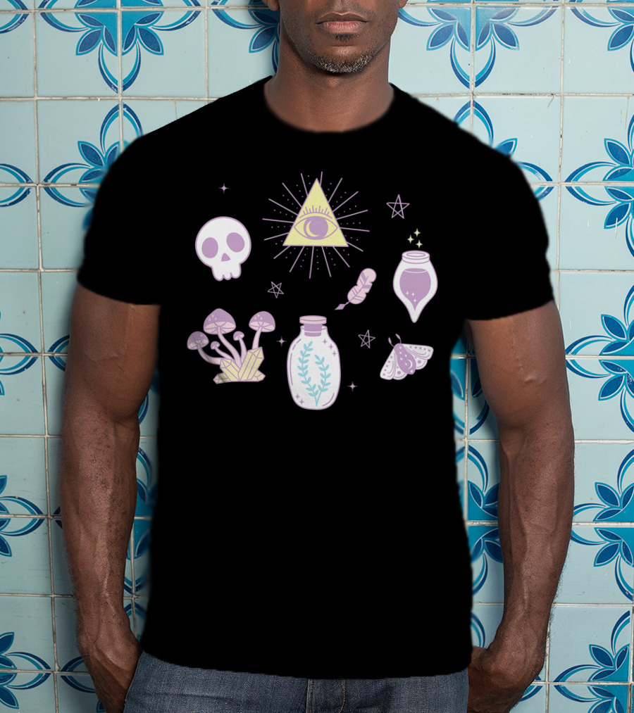 Cute Creepy Pastel Kawaii Goth Witch Aesthetic With Skull Pyramid Mushrooms And Potion Elements T-Shirt