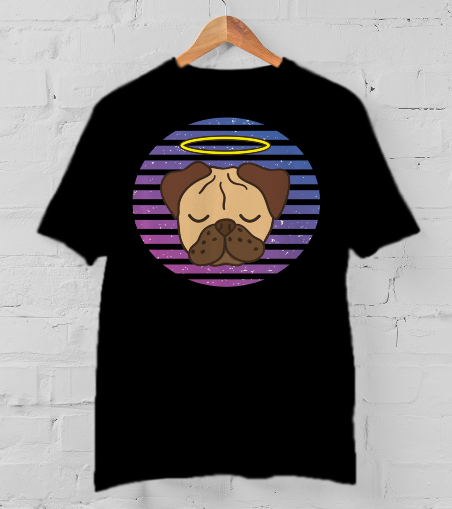 Cute Pug Halo Retro Stripes T-Shirt
