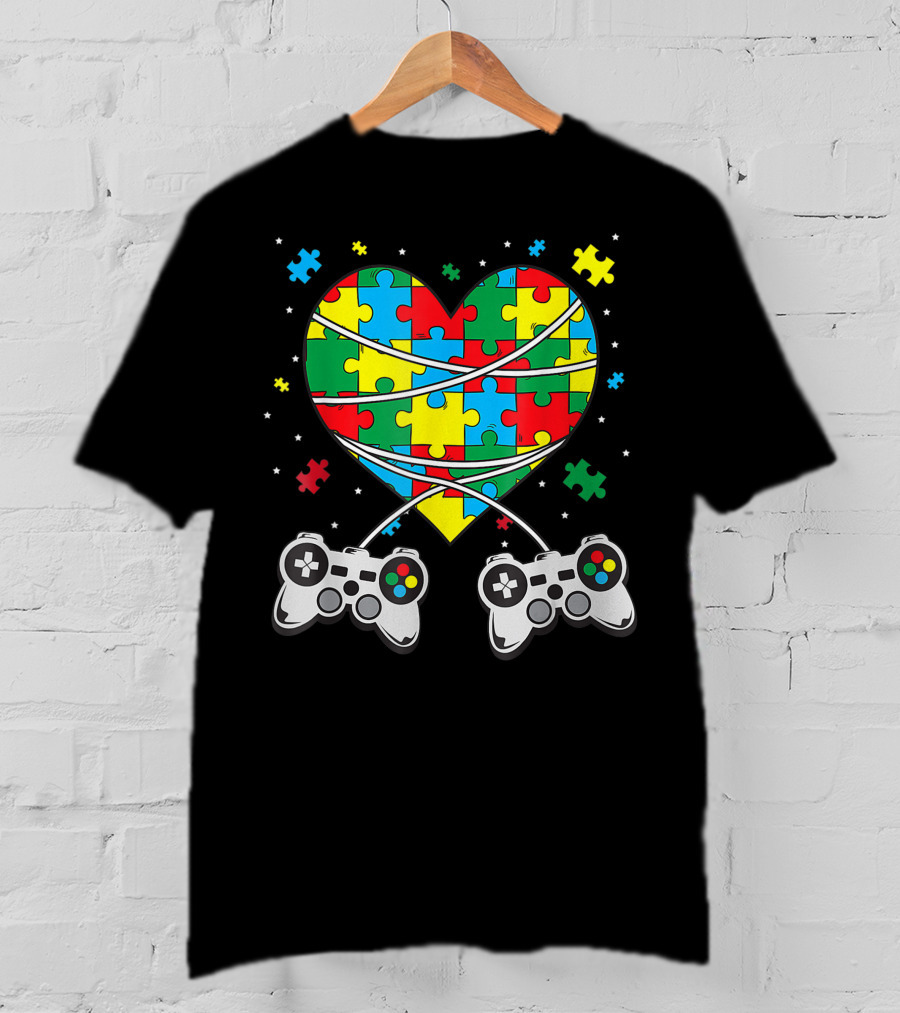 Boys Autism Awareness Month Puzzle Heart Video Game Controllers T-Shirt