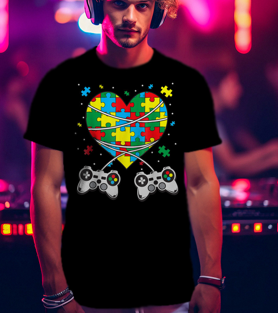 Boys Autism Awareness Month Puzzle Heart Video Game Controllers T-Shirt