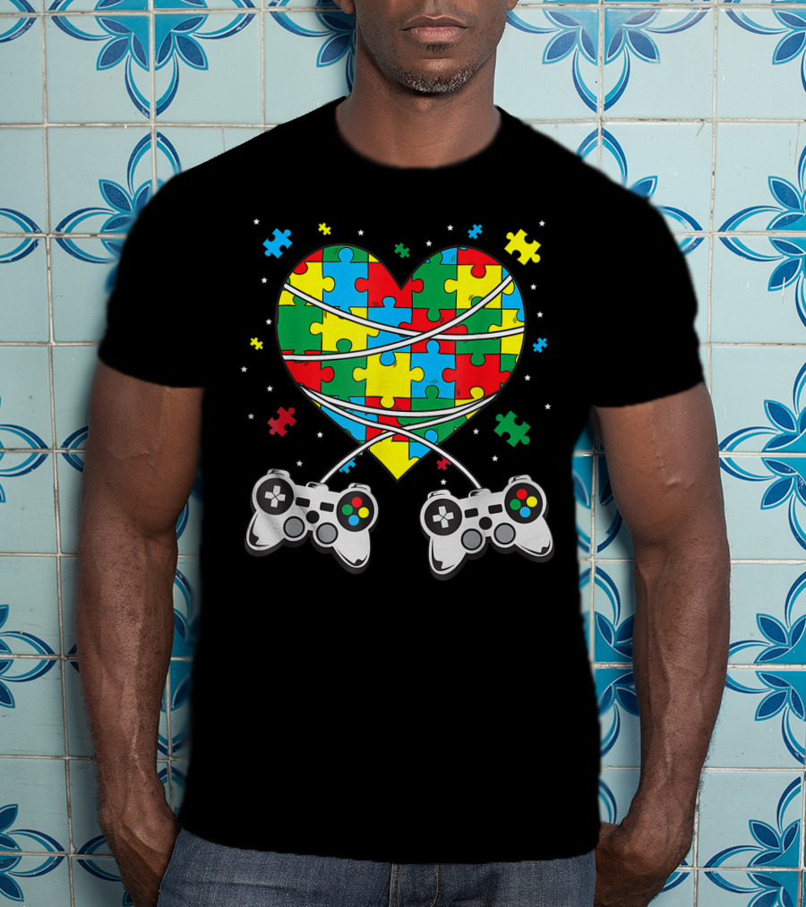 Boys Autism Awareness Month Puzzle Heart Video Game Controllers T-Shirt