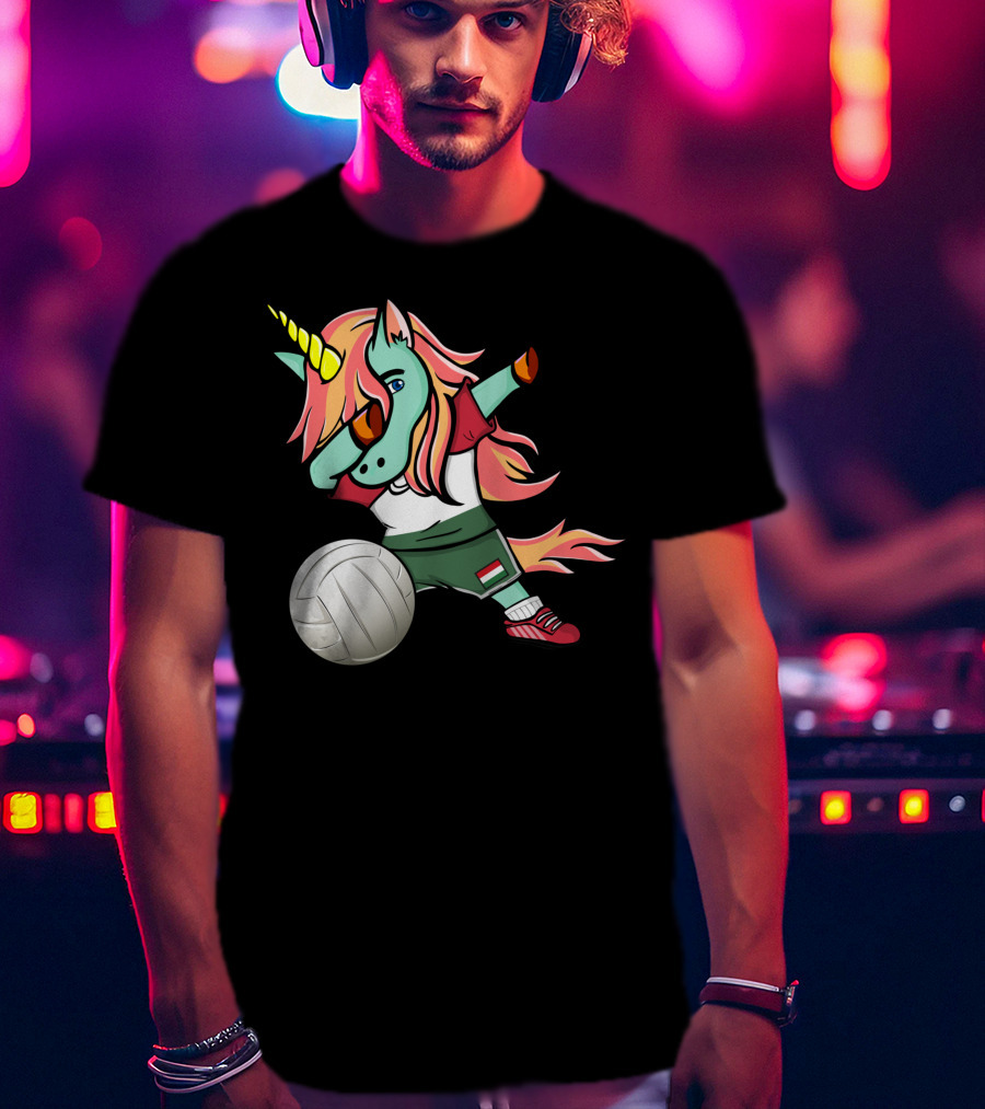 Dabbing Unicorn Hungarian Volleyball Lovers With Flag Jersey T-Shirt