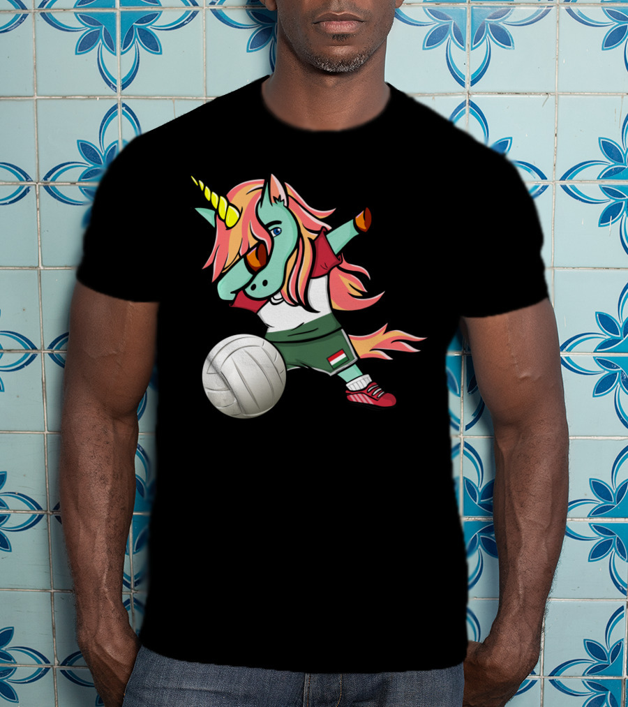 Dabbing Unicorn Hungarian Volleyball Lovers With Flag Jersey T-Shirt
