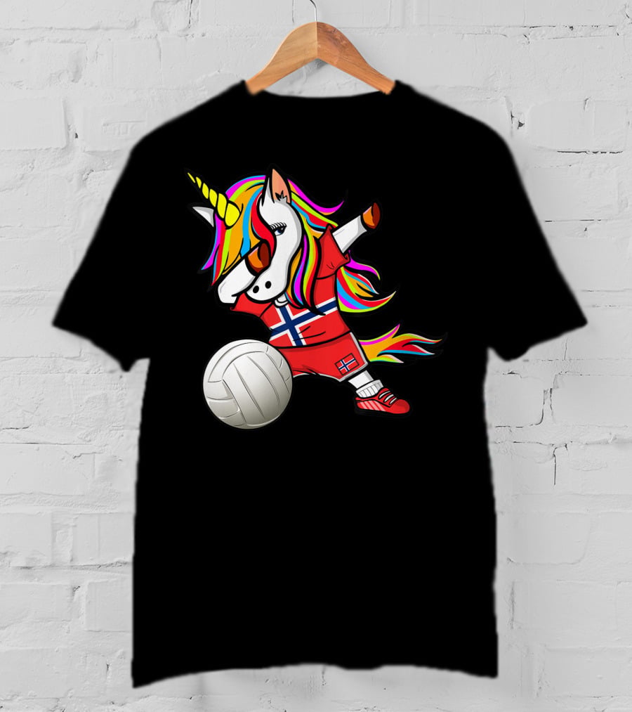 Dabbing Unicorn Norway Volleyball Fans Norwegian Flag Rainbow Jersey T-Shirt