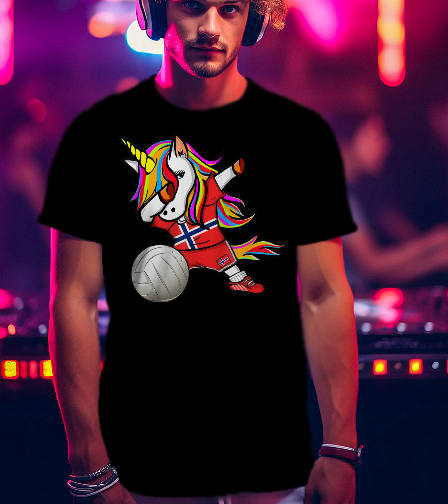 Dabbing Unicorn Norway Volleyball Fans Norwegian Flag Rainbow Jersey T-Shirt
