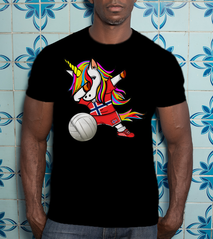 Dabbing Unicorn Norway Volleyball Fans Norwegian Flag Rainbow Jersey T-Shirt