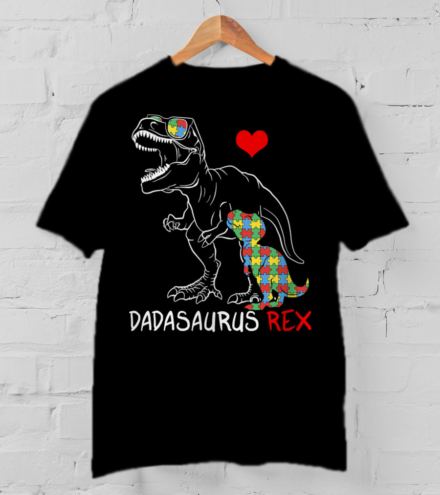Dadasaurus Rex Heart Puzzle Autism Awareness Daddy T-Shirt