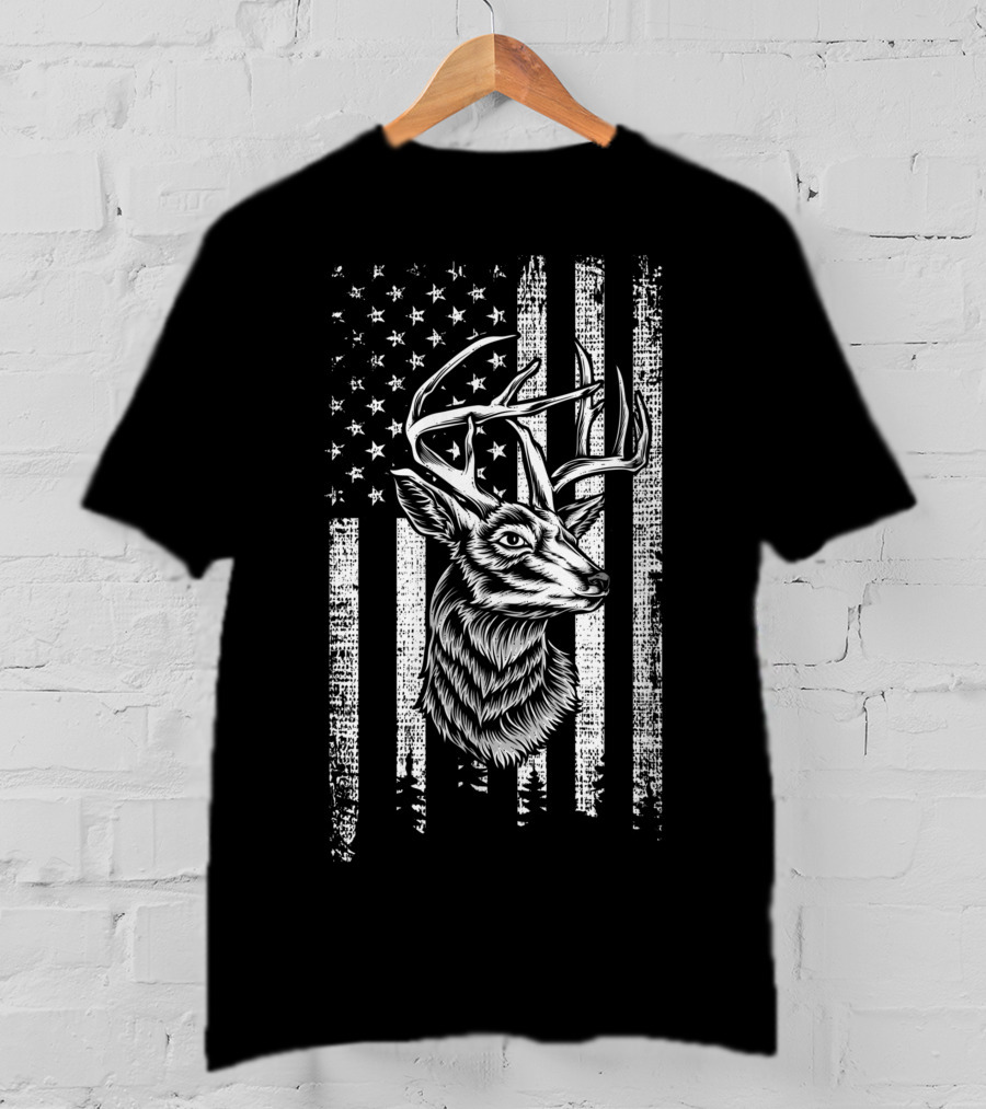 Deer Hunting Hunter Deer Head Antler With American Flag Background T-Shirt
