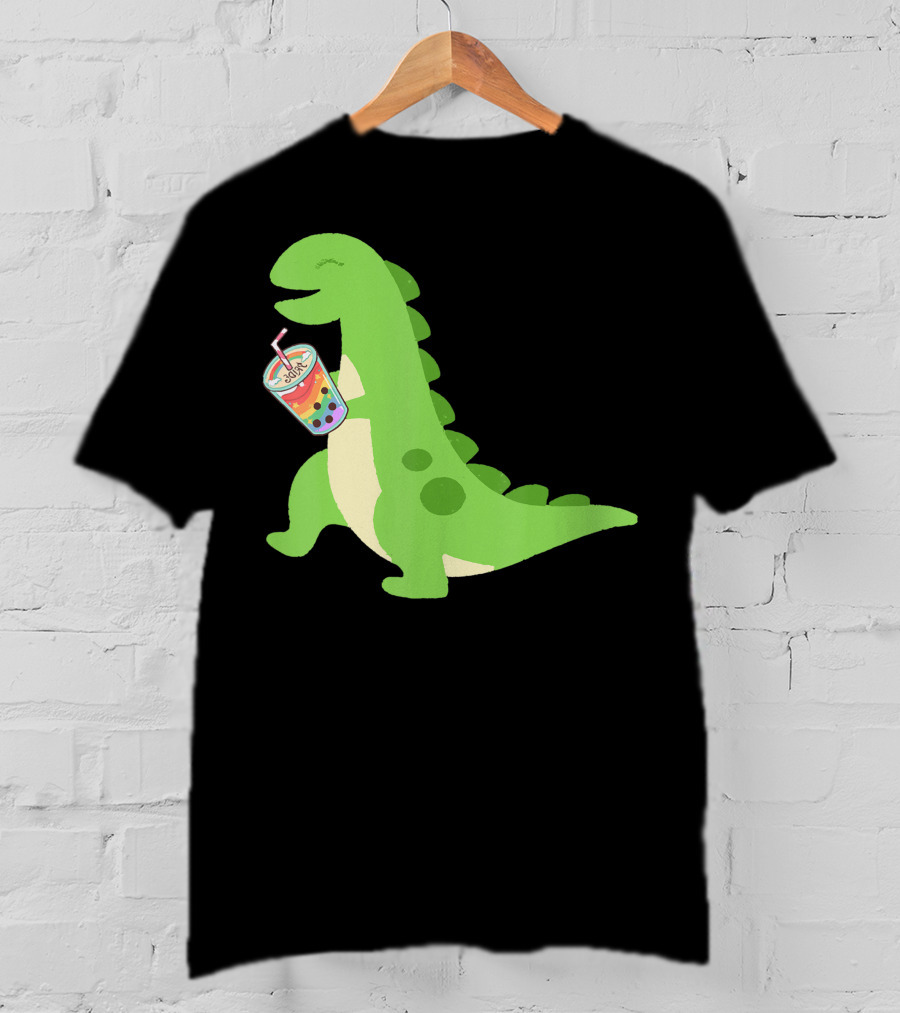 Dino Drinking Bubble Tea With Colorful Boba T-Shirt