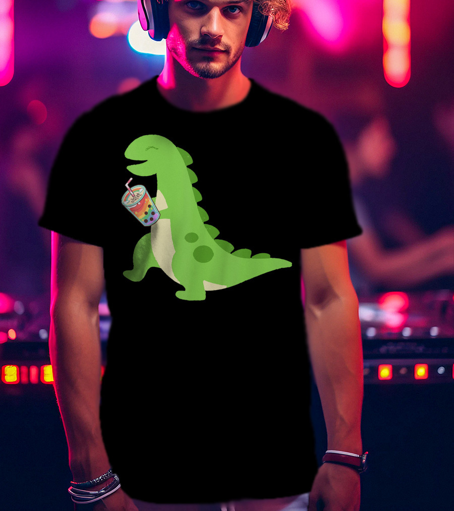 Dino Drinking Bubble Tea With Colorful Boba T-Shirt