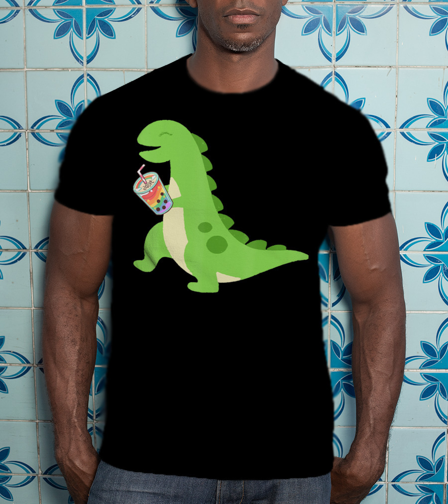 Dino Drinking Bubble Tea With Colorful Boba T-Shirt