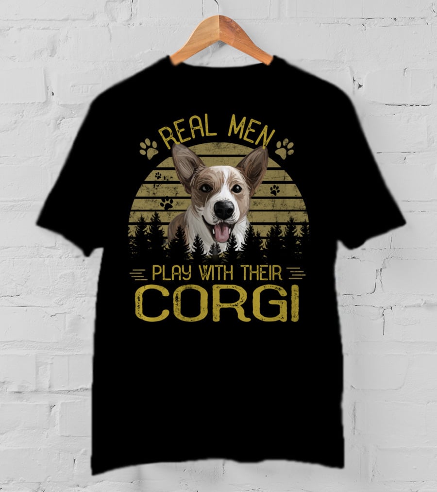 Real Men Play With Their Corgi Dog Adventure Forest Scene T-Shirt