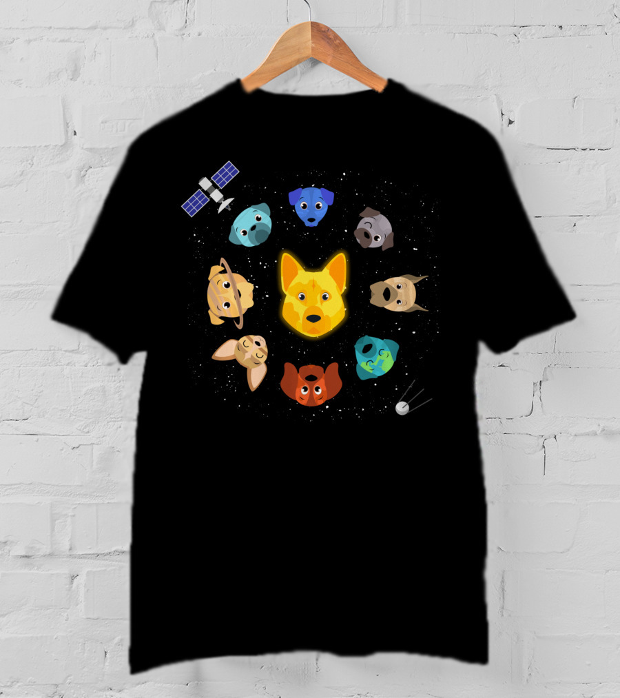 Dogs In Space Puppy Heads Orbiting With Rocket And Satellite T-Shirt