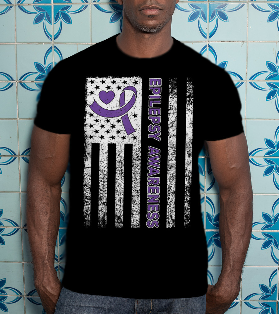 Epilepsy Awareness Flag Purple Ribbon Heart Warrior T-Shirt