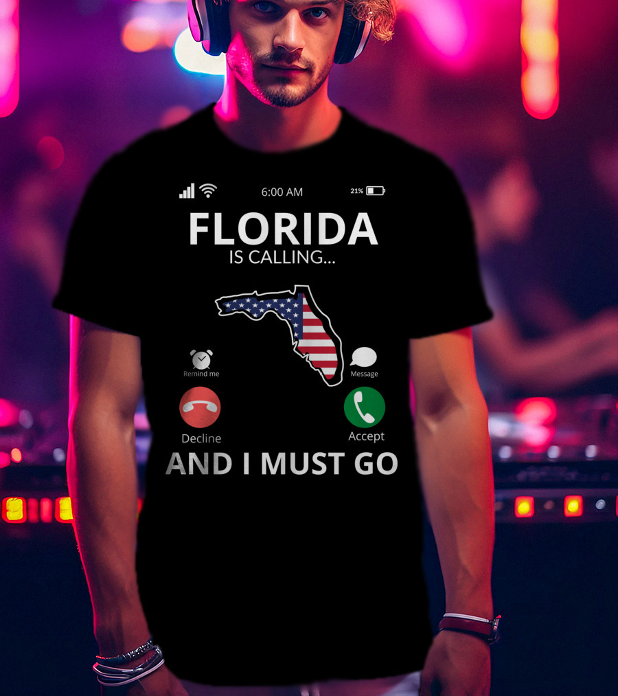 Florida Is Calling And I Must Go American Flag Florida Map T-Shirt