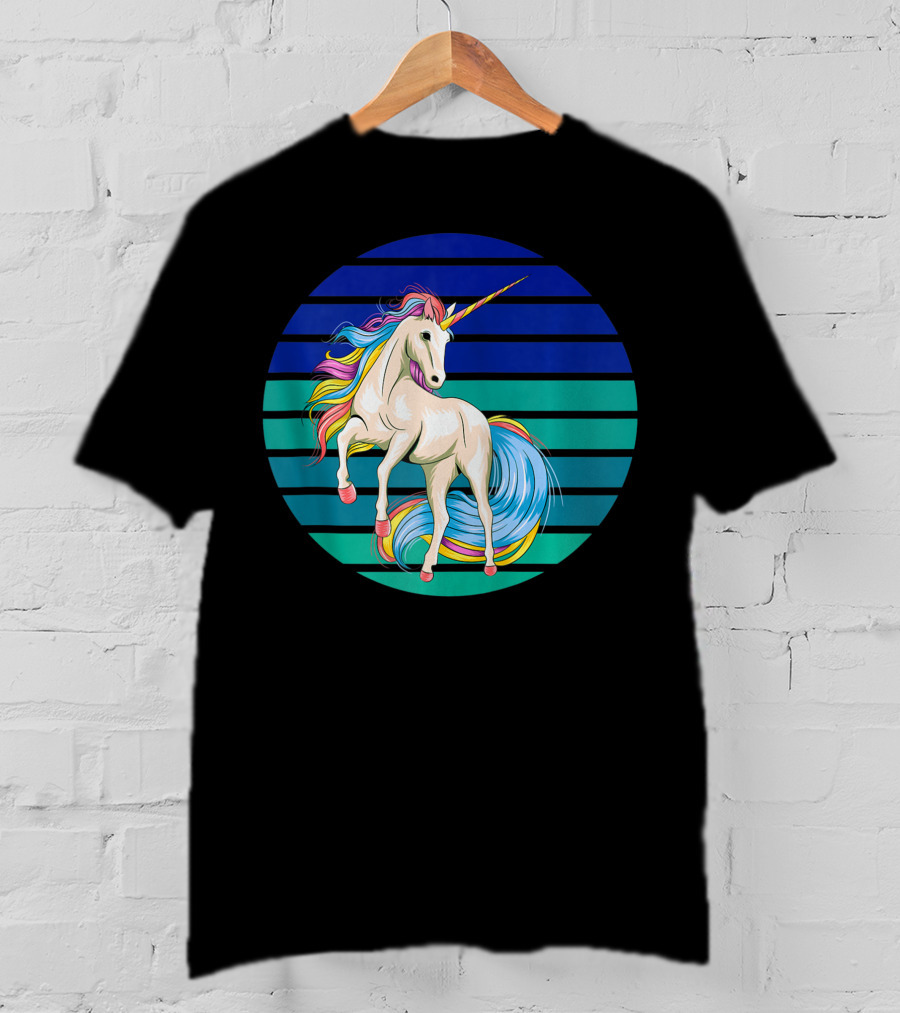 Girls Unicorn Rainbow Striped Sunset T-Shirt