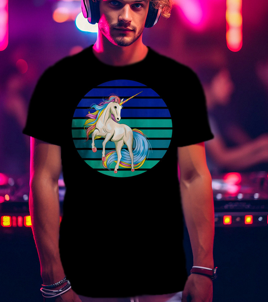Girls Unicorn Rainbow Striped Sunset T-Shirt
