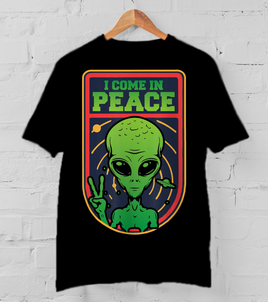 I Come In Peace Green Alien Face Head With UFO And Peace Sign T-Shirt