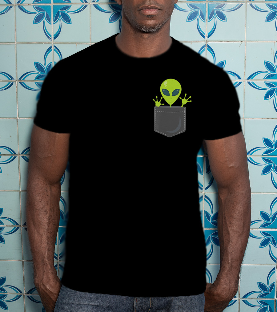 Green Cute Alien Peeking From Pocket T-Shirt