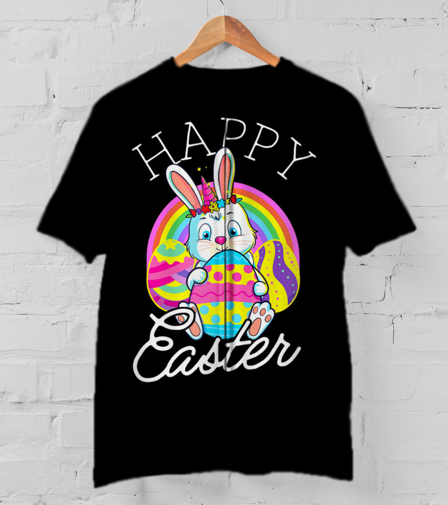 Happy Easter Unicorn Bunny Rabbit Eggs Rainbow Cute Kids Girls Women T-Shirt