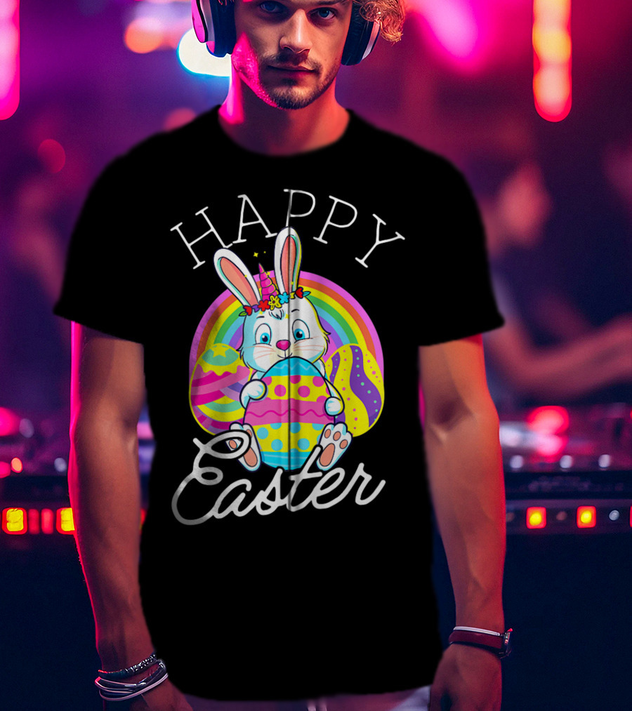Happy Easter Unicorn Bunny Rabbit Eggs Rainbow Cute Kids Girls Women T-Shirt
