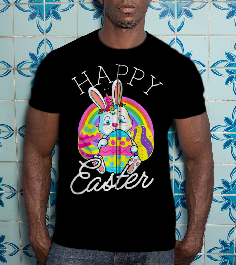 Happy Easter Unicorn Bunny Rabbit Eggs Rainbow Cute Kids Girls Women T-Shirt