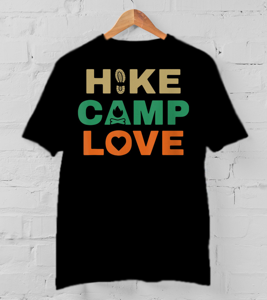 Hike Camp Love Boot Print Bonfire Heart Camping Hiking T-Shirt
