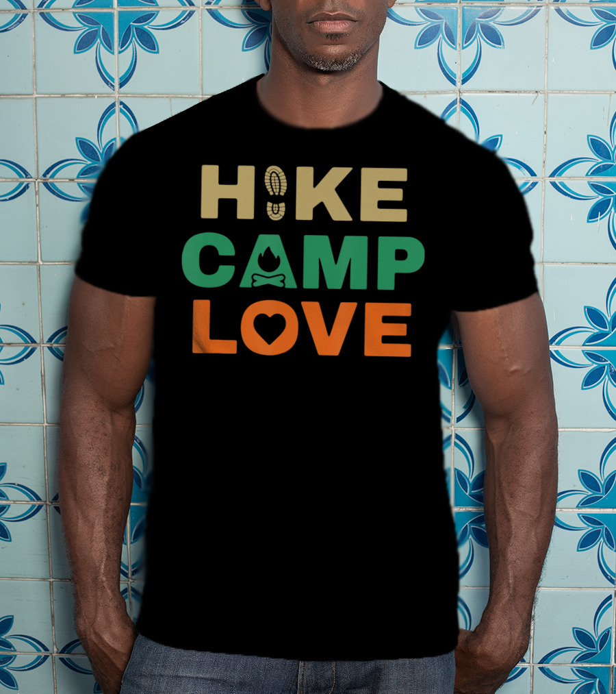 Hike Camp Love Boot Print Bonfire Heart Camping Hiking T-Shirt