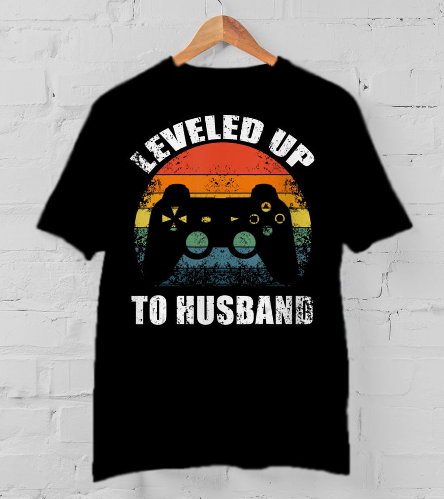 Leveled Up To Husband Retro Video Game Controller Wedding Announcement T-Shirt