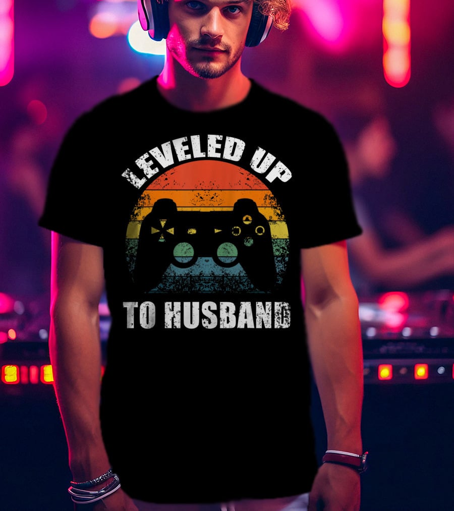 Leveled Up To Husband Retro Video Game Controller Wedding Announcement T-Shirt