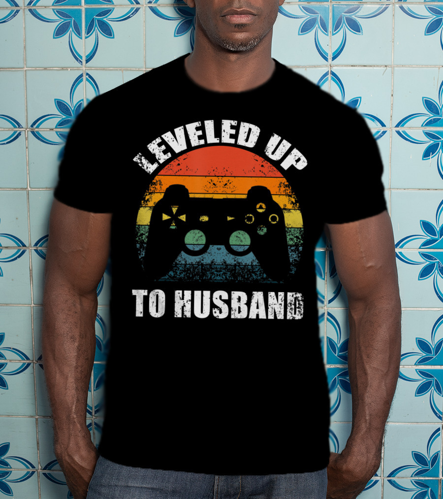 Leveled Up To Husband Retro Video Game Controller Wedding Announcement T-Shirt