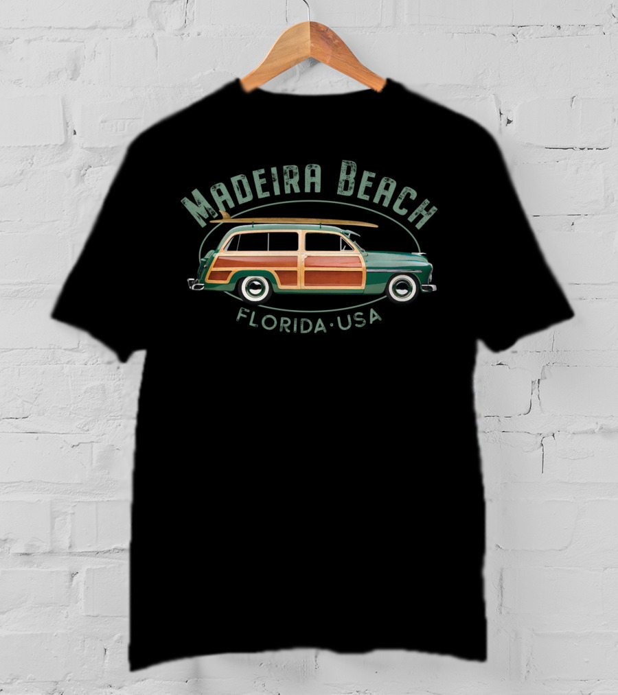 Madeira Beach Florida USA Vintage Surfing Woody Car Surfboard T-Shirt