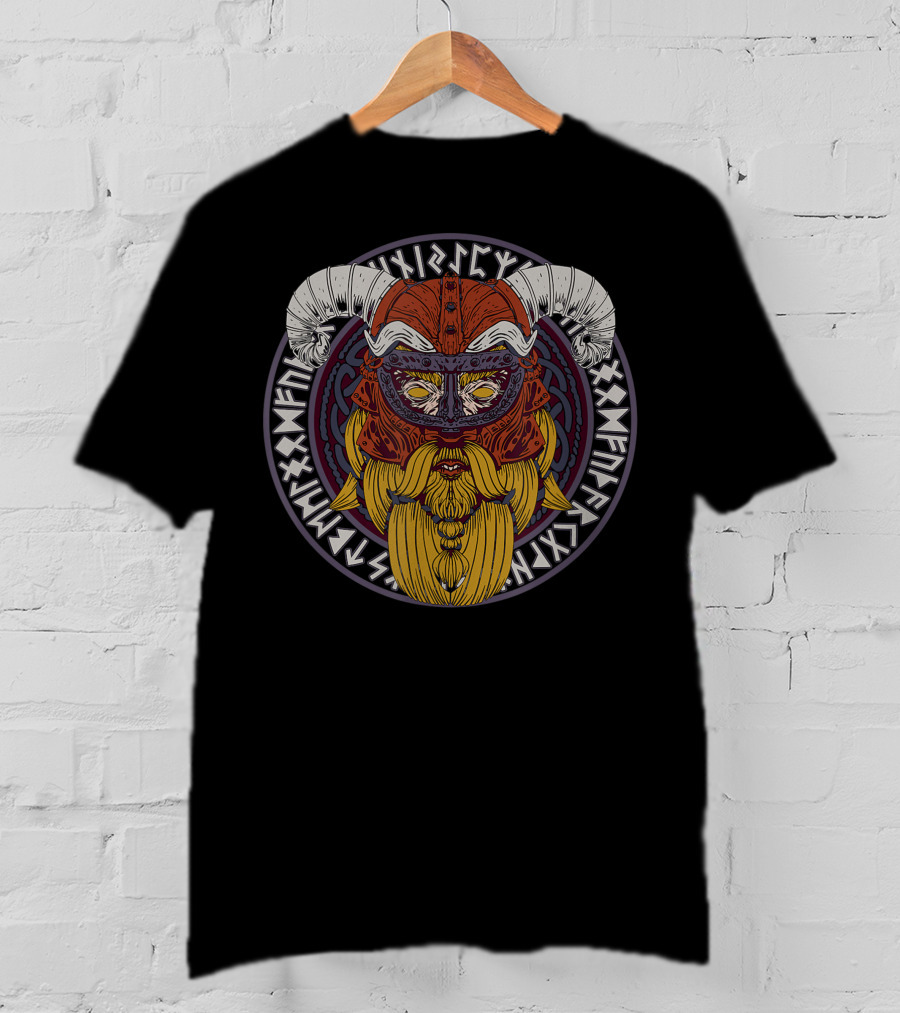 Viking Helmet With Horns And Valknut Surrounded By Nordic Runes T-Shirt