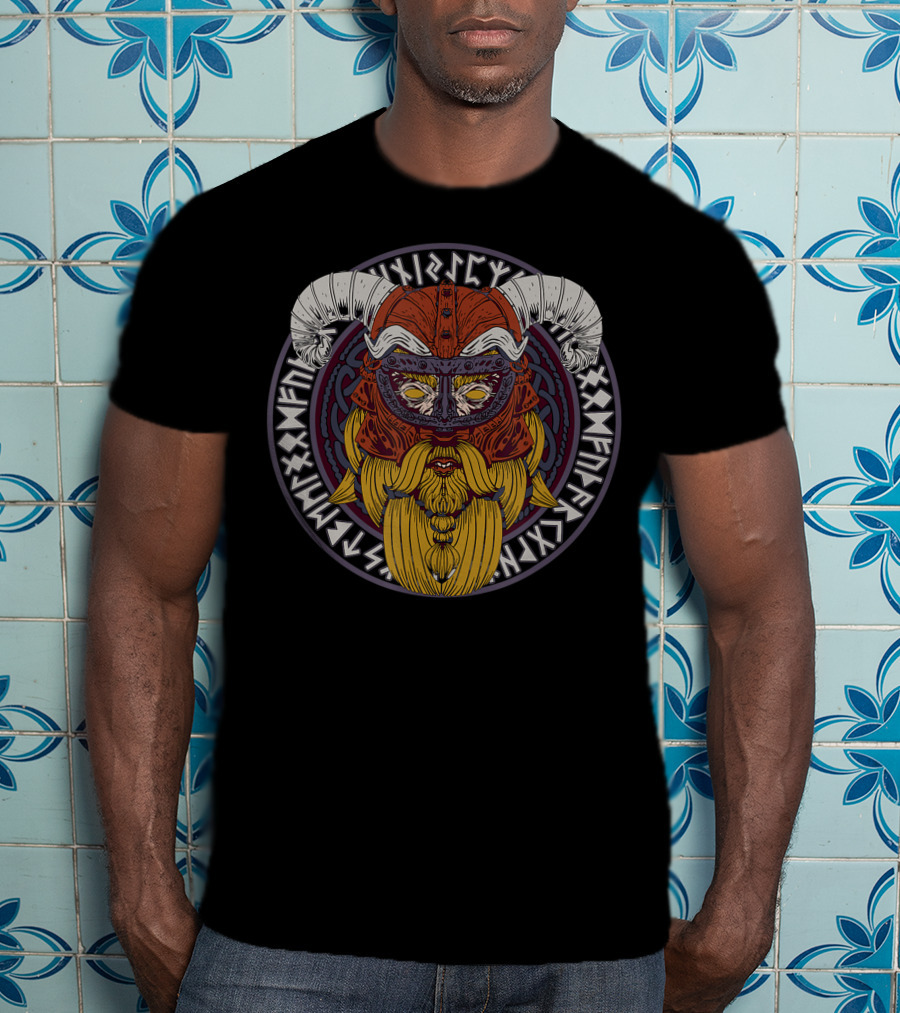 Viking Helmet With Horns And Valknut Surrounded By Nordic Runes T-Shirt