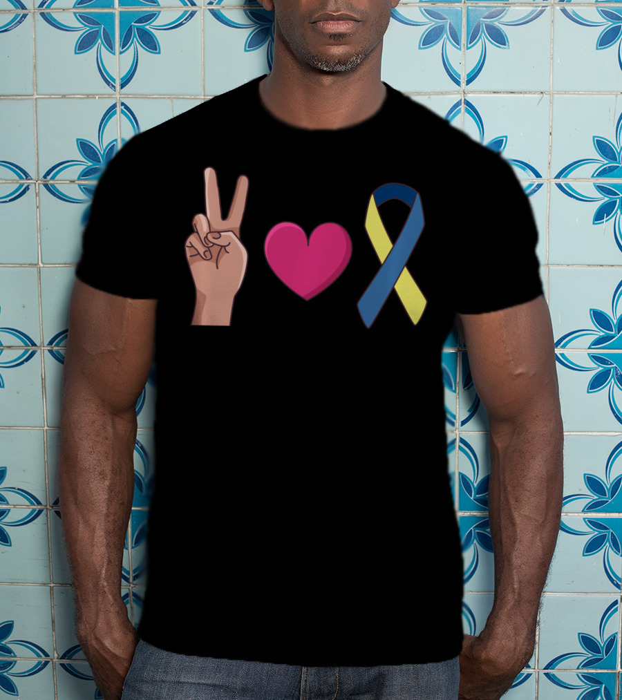 Peace Love Down Syndrome Awareness Blue Yellow T-Shirt