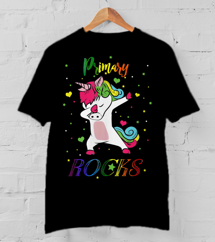 Primary Rocks Colorful Dabbing Unicorn With Hearts And Stars T-Shirt